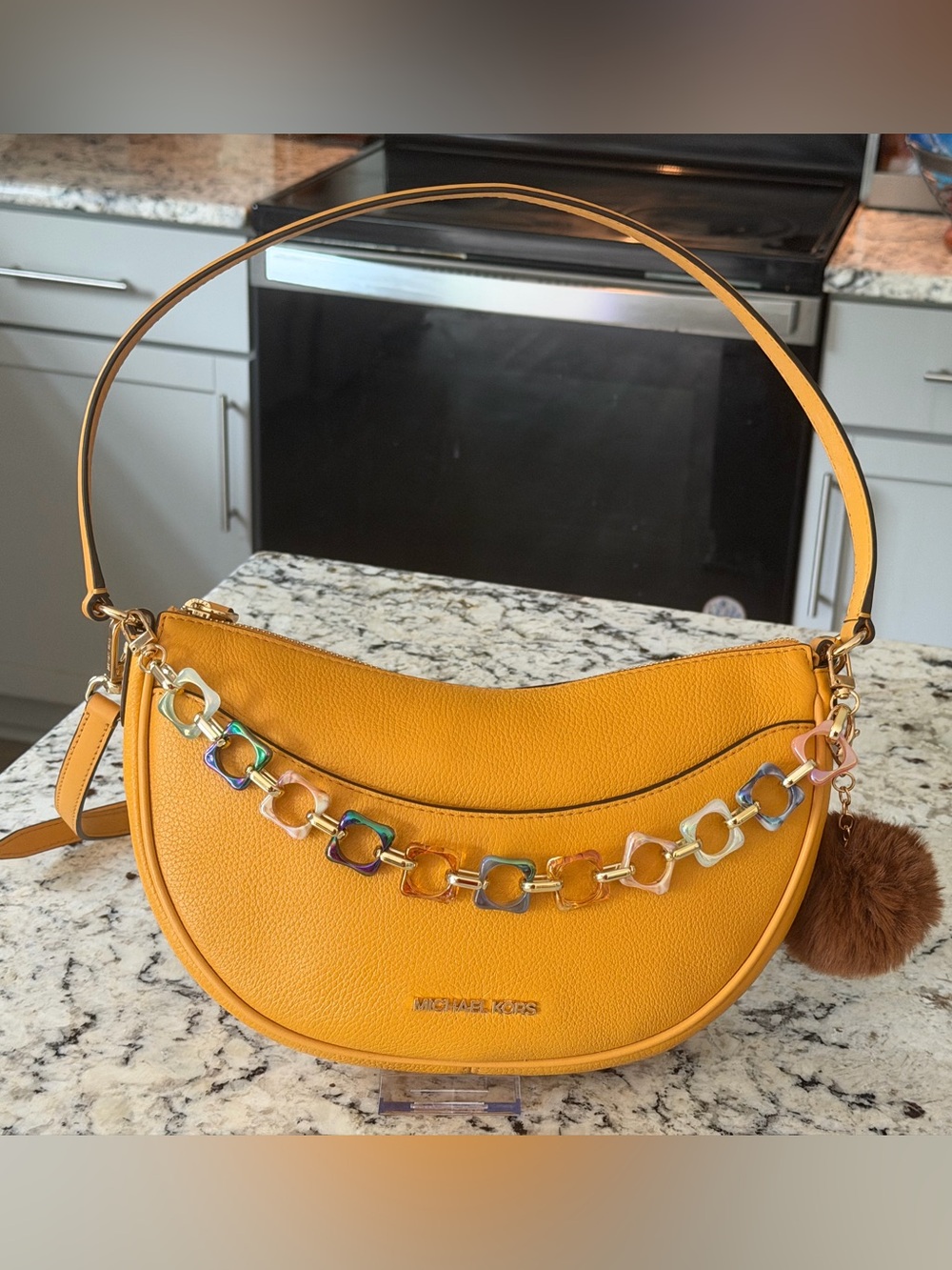 Michael Kors Cora Medium Mustard Crescent Shoulder Bag with Iridescent Chain